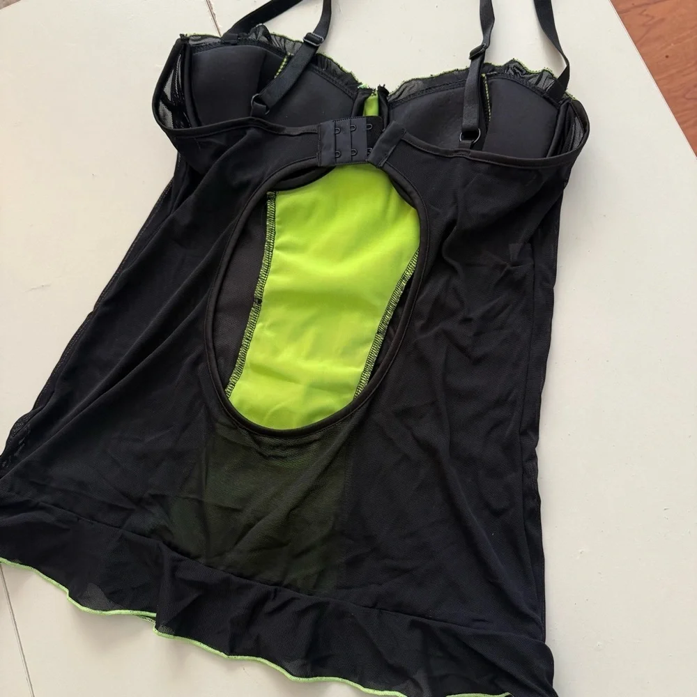Cyber Glam Neon Lime Green Black Mesh Chemise Open Back Ruffle Festival Corset - Picture 6 of 9